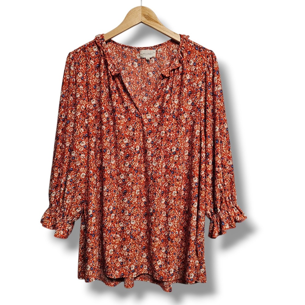Melloday Peasant Top 2X Womens Orange Blue Floral Ruffle Neck Boho Cottage Fall